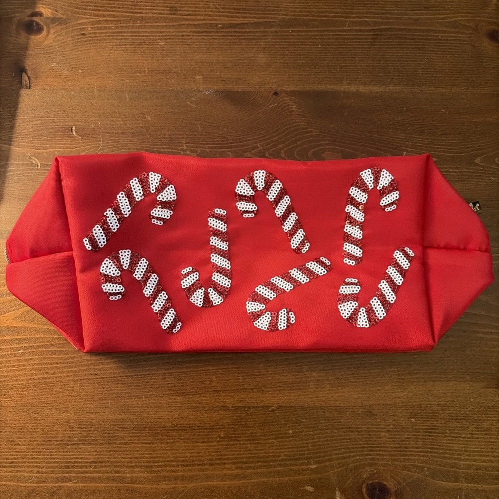 MUDPIE Red Sequin Candy Cane Cosmetic Case Travel Bag
